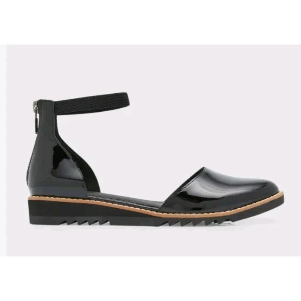 Eileen Fisher Glossy Black Ankle Strap Flats